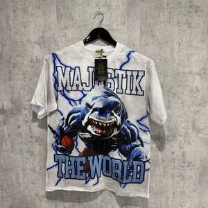 Majestik Shark The World Rhinestone Graphic T-Shirt Mens Medium White New